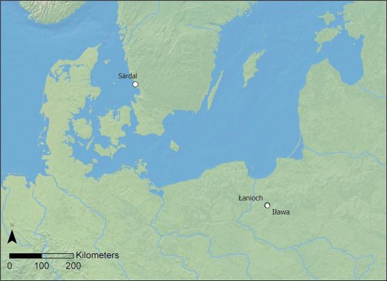Карта на Северна Европа, като доказателство за мястото на намиране на слитъка от Сярдал и на полските съкровища от езерната област Илавска.
